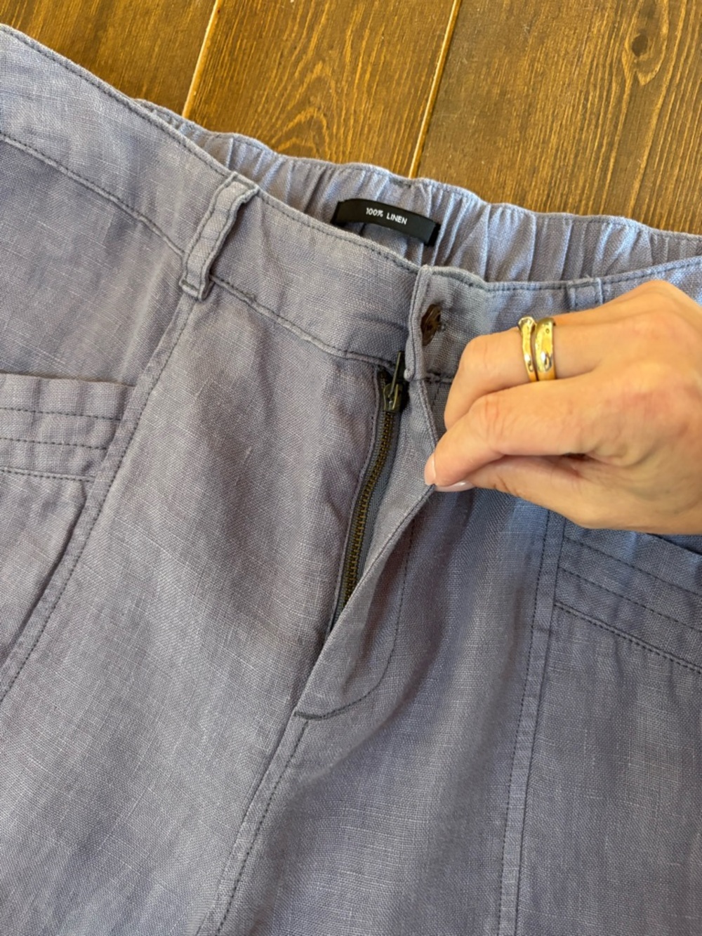 Nicole Miller 100% Linen Natural, Relaxed Fit Pants Large Slate Blue Gray Crop - Picture 5 of 10